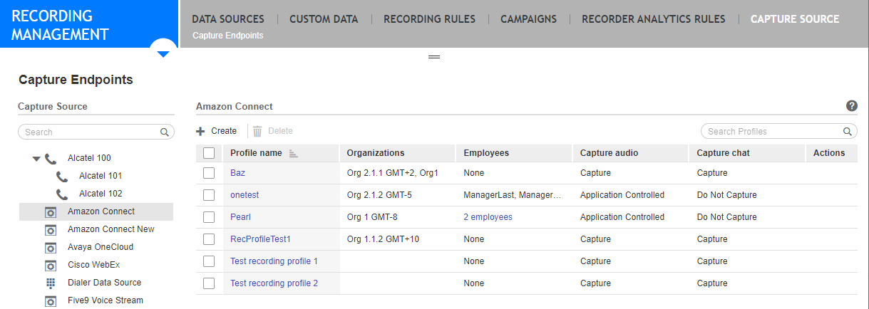 Capture Sources list screen