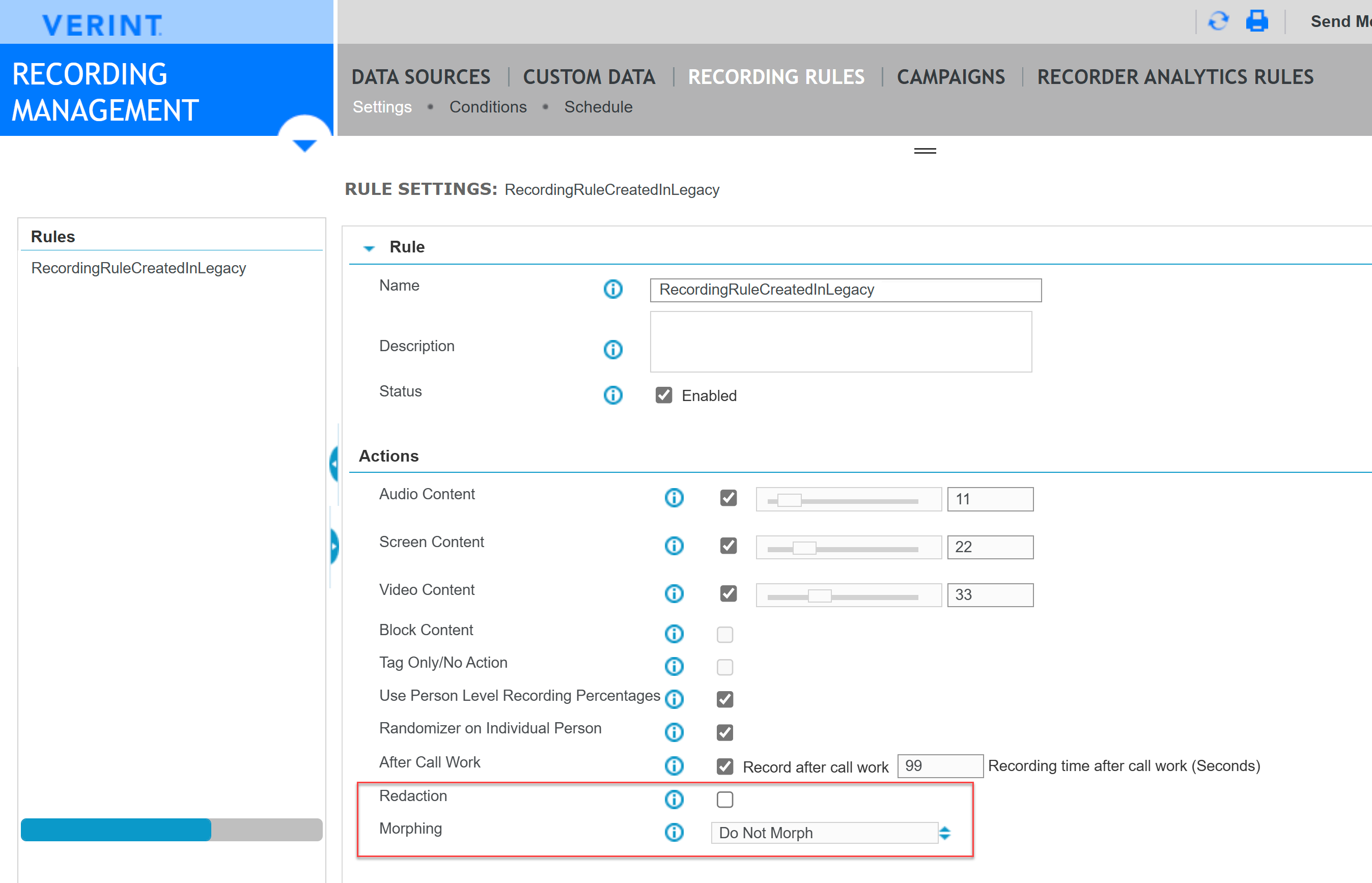 Recording rules page with redaction and morphing highlighted.