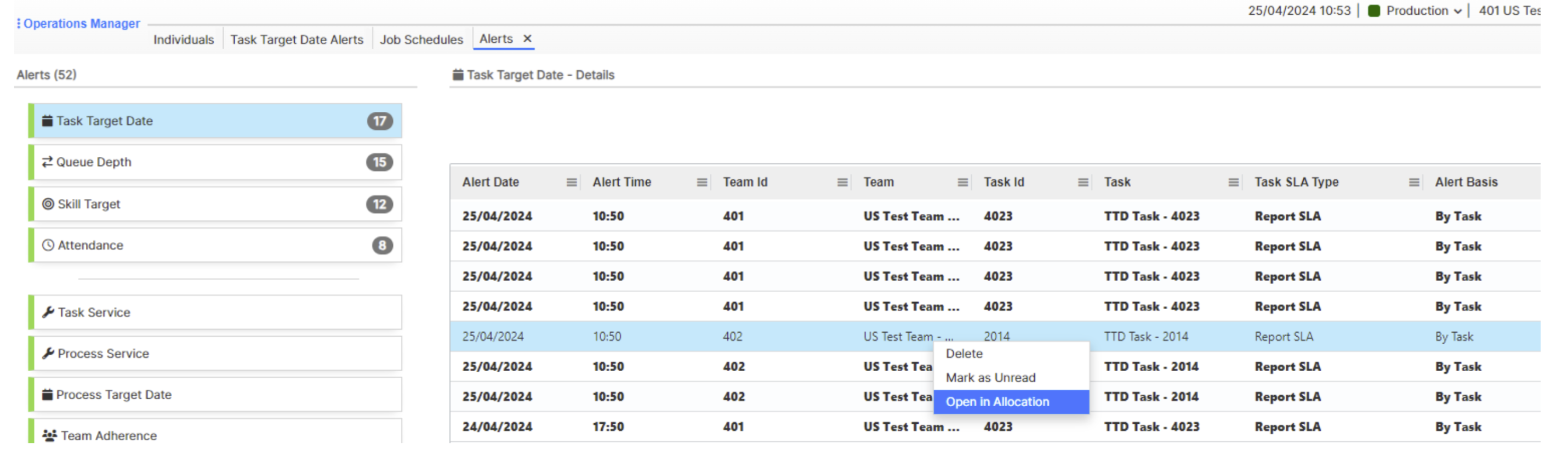 open inallocation option from task target date alert