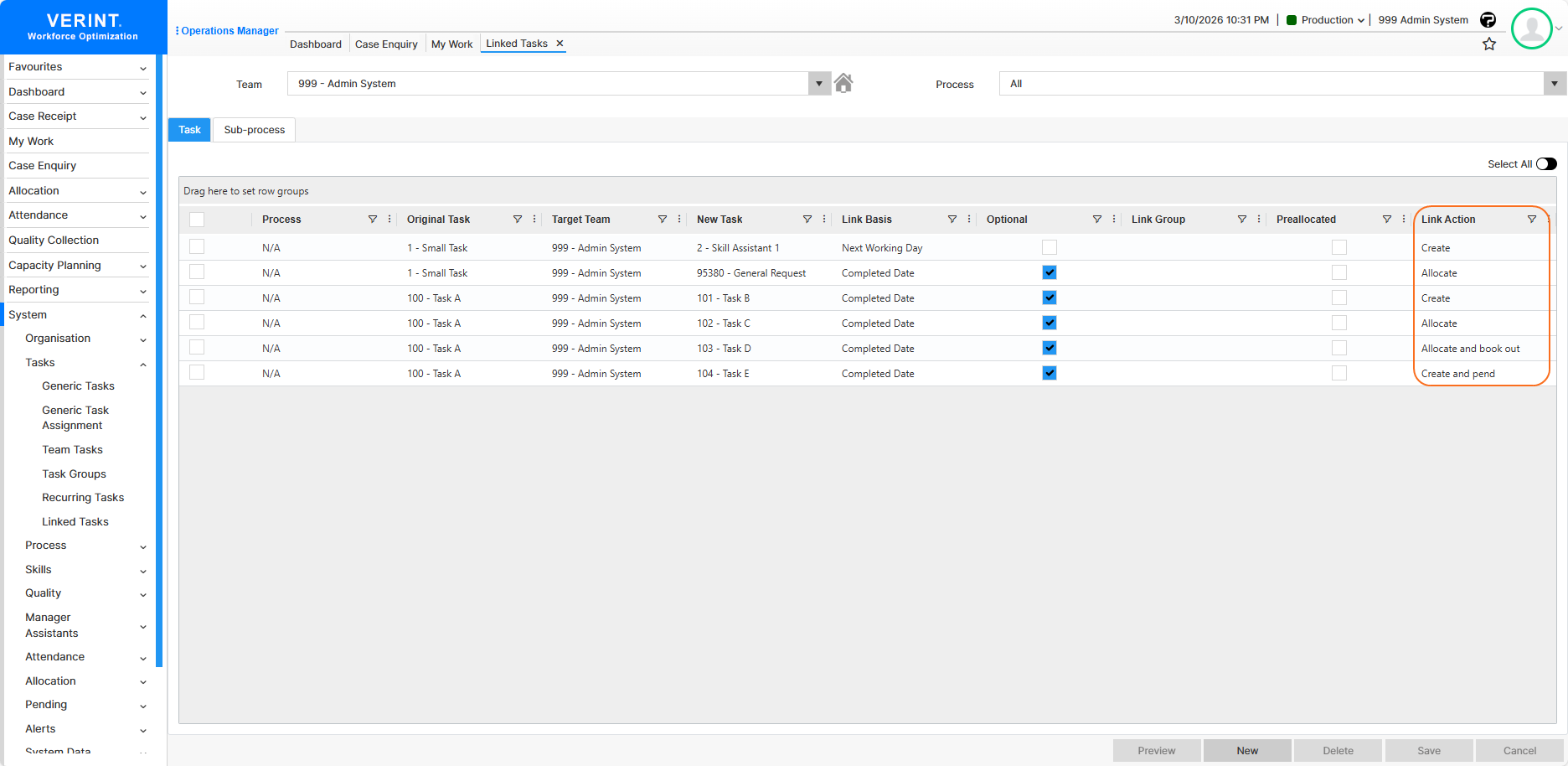 New Link Action column