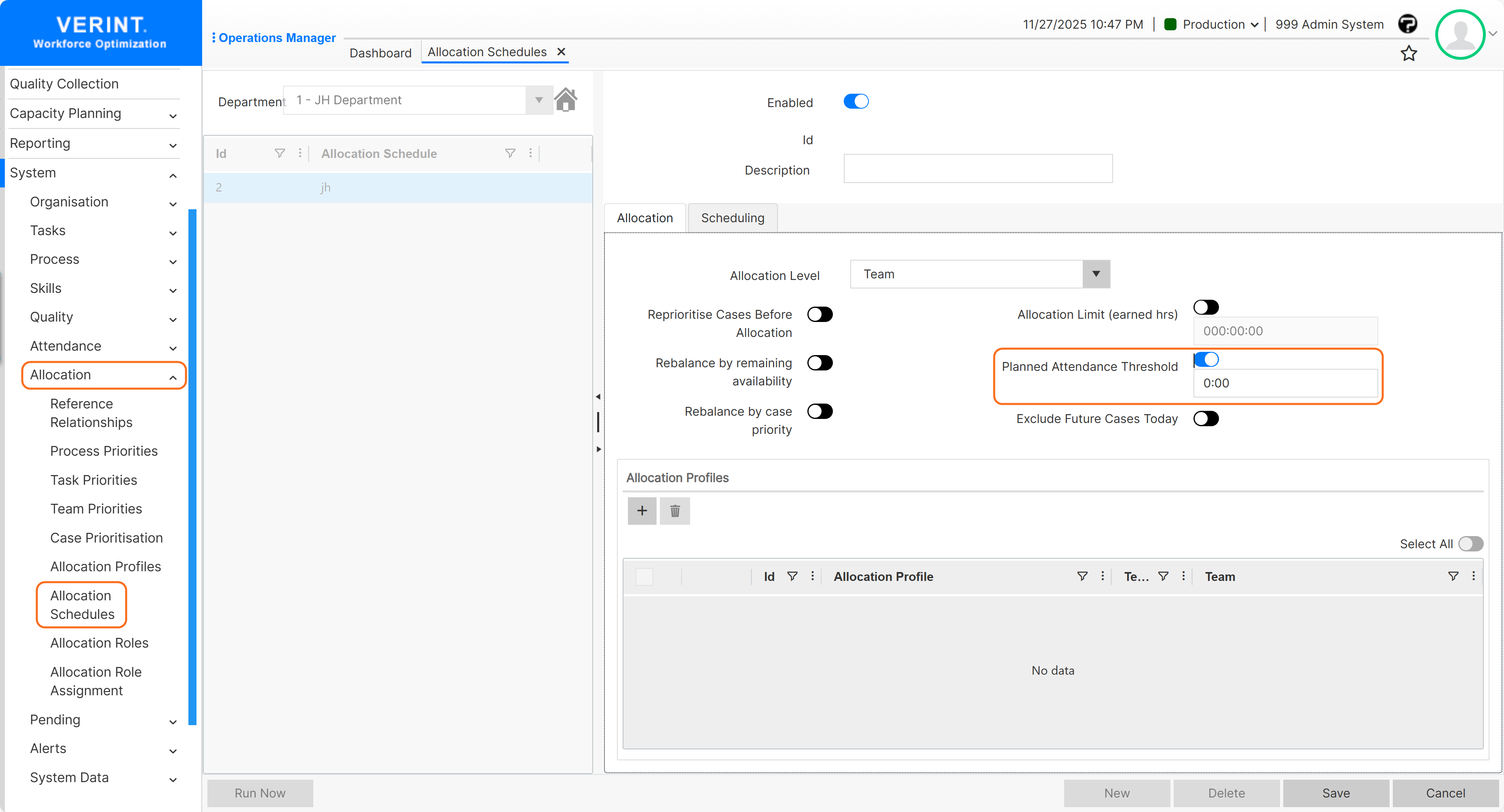 Planned Attendance Threshold toggle