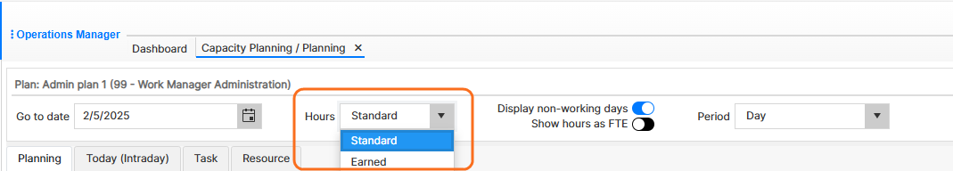 Select Standard Hours or Earned Hours